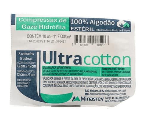 COMPR GAZE ULTRACOTTON 11 FIOS 7,5X7,5 CM C/10UN