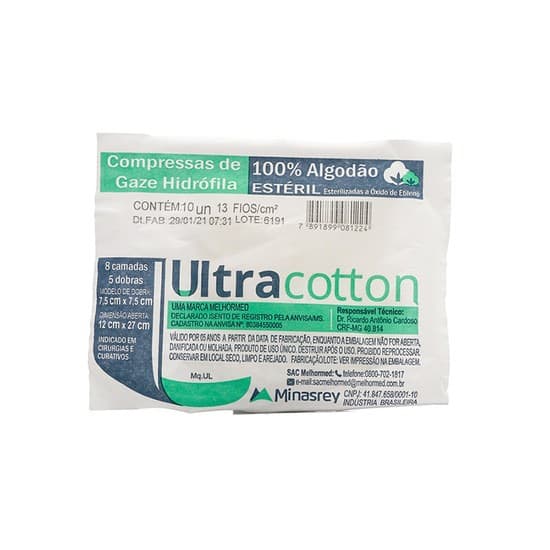 COMPR GAZE ULTRACOTTON 13 FIOS 7,5X7,5 CM C/10UN